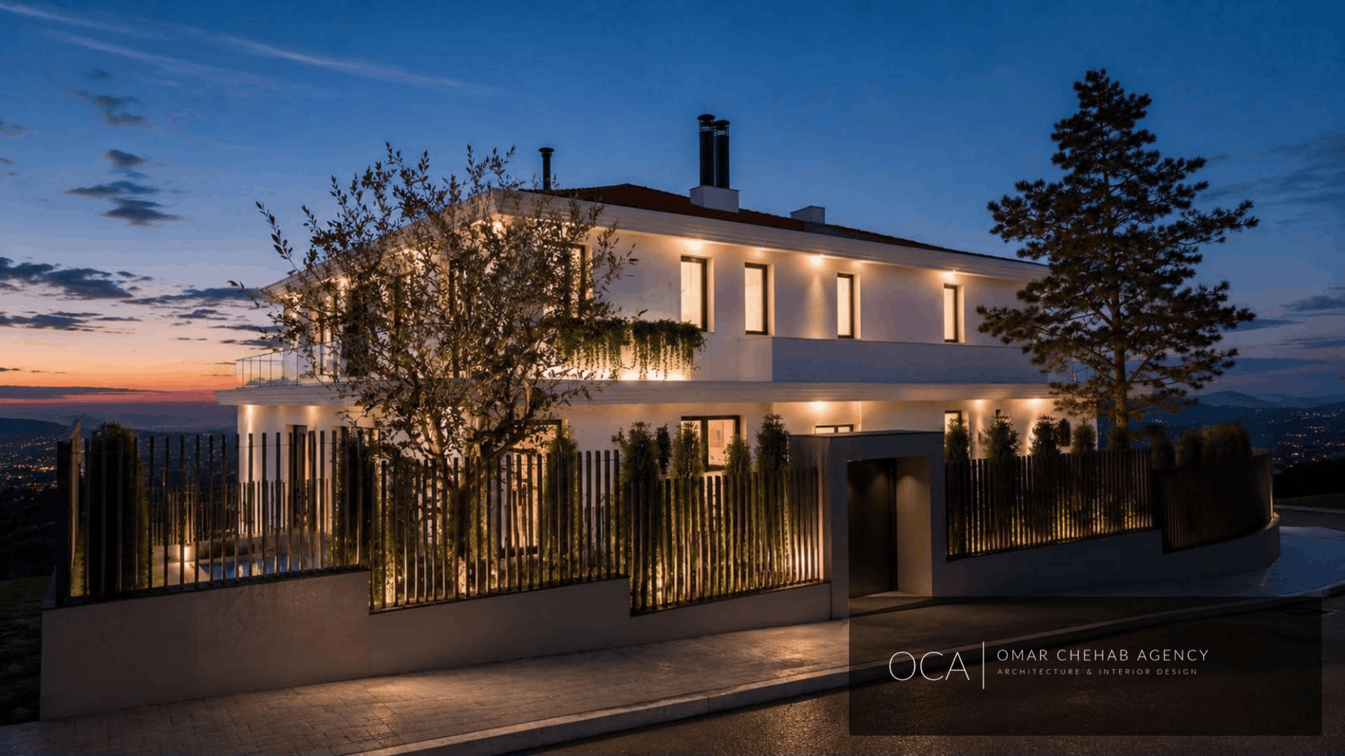 Modern house exterior at dusk
